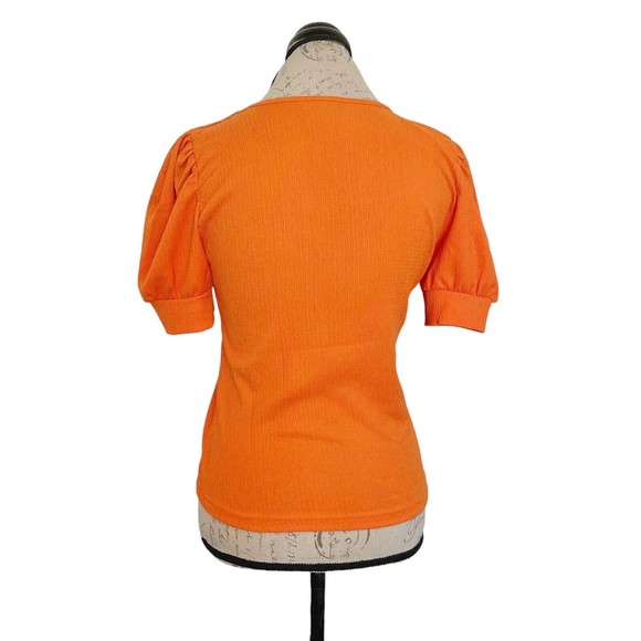 Big Dart Womens Blouse Orange Puff Sleeve Pleated Stretch Crinkle Size Medium - Picture 6 of 12